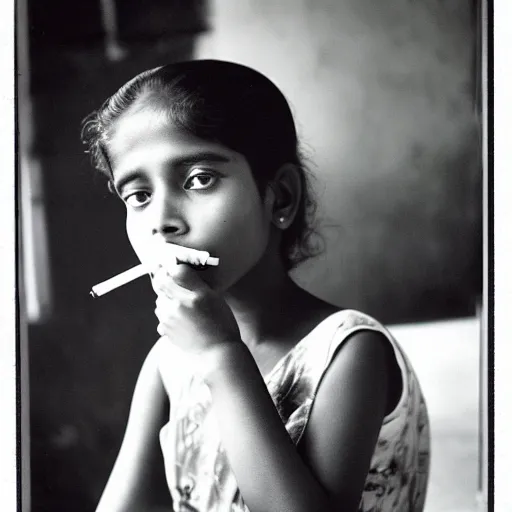 Image similar to portrait of a sri lankan girl smoking cigarette, vintage photo in 8 0's style