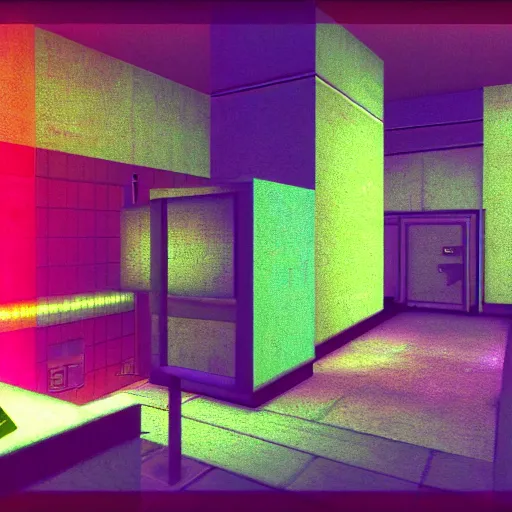 Prompt: noisy color photograph of a retrofuturist liminal space, wonderland, vertical, minimalist, cinematic, soft vintage glow, PS2 in-game screenshot