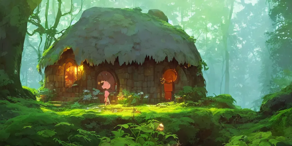 Image similar to magic hobbit mushrooms house in the woods, moss, lianna, jungles, by cory loftis & akihiko yoshida & james gilleard & atey ghailan & makoto shinkai & goro fujita & studio ghibli, rim light, exquisite lighting, clear focus, magic atmosphere, very coherent, plain background, soft painting