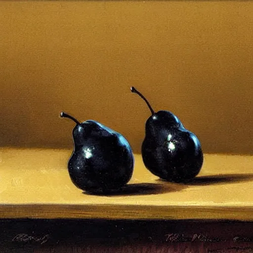 Prompt: table with very very black colored pears, #black pear fruit, ?black pears, !black pears, •black pears painted by rossdraws, greg rutkowski, thomas kindkade