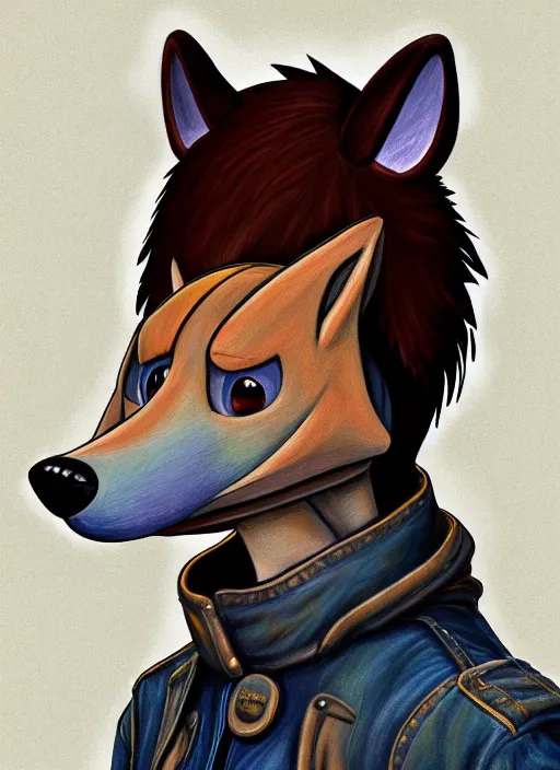 Image similar to expressive stylized master furry artist digital colored pencil painting full body portrait character study of the bear ( sergal ) small head fursona animal person wearing clothes leather bomber jacket pilot standing next to airplane by master furry artist blotch, sharp focus vintage disney animation style