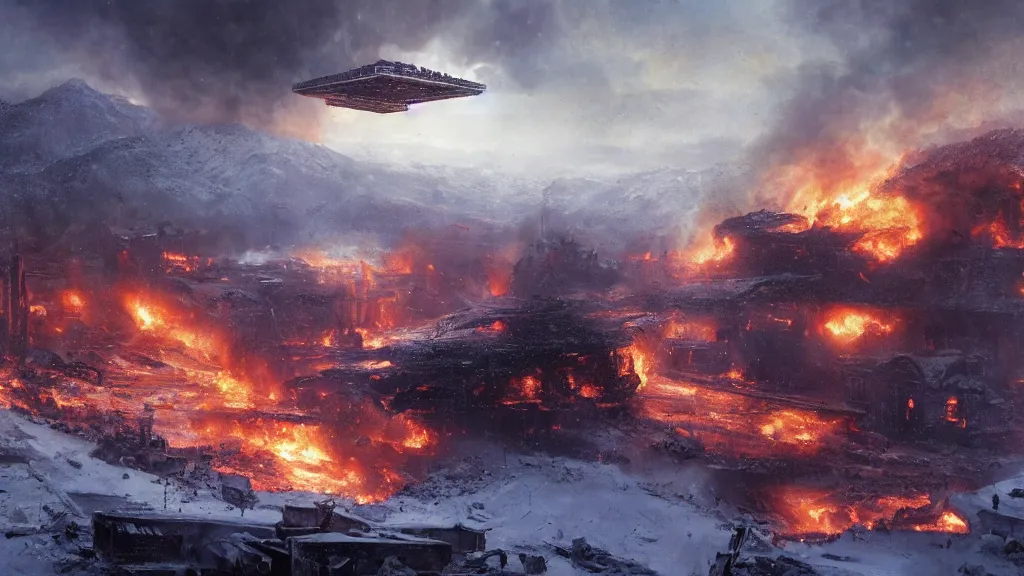 Image similar to star destroyer hovering over a burning destroyed city in snowy valley by eugene von guerard, ivan shishkin, dramatic lighting, concept art, trending on artstation, 8 k