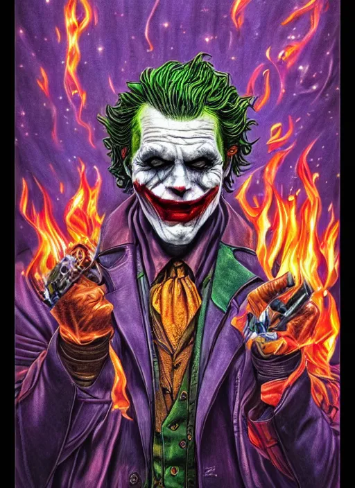 Image similar to high intricate colored ink drawing of the joker holding a glimmering fire - galaxy, full shot, neil gaiman, maria panfilova, andrea savchenko, mike kime, ludovic plouffe, qi sheng luo, oliver cook, julian calle, eddie mendoza, trending on artstation