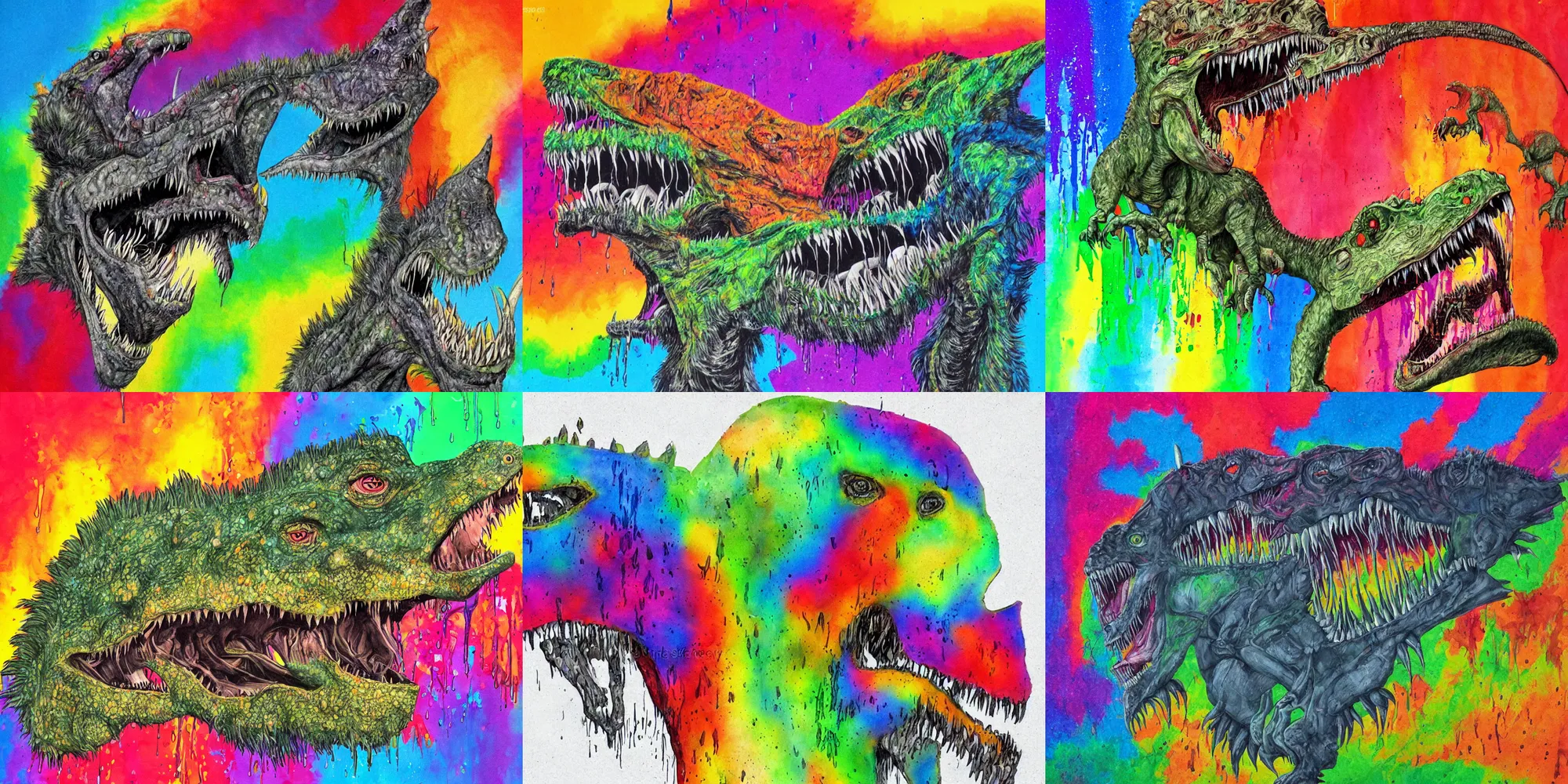 Prompt: tyrannosaurs illustration made with a rainbow of coloured paint, paint drips