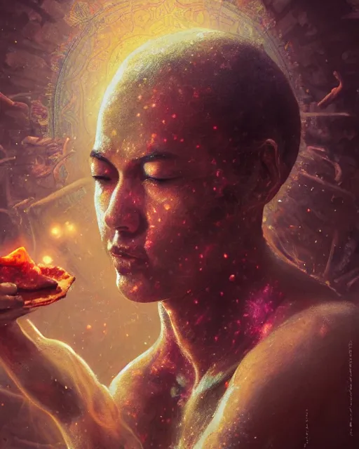 Image similar to detailed photo of meditating pizza monk, beautiful, 8 k, by tristan eaton, stanley artgermm, tom bagshaw, greg rutkowski, carne griffiths, trending on deviantart, hyper detailed, glorious lighting, epic environment