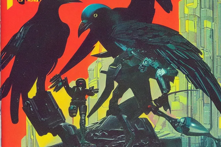 Prompt: 1979 OMNI Magazine Cover of a raven rogue. in cyberpunk style by Vincent Di Fate