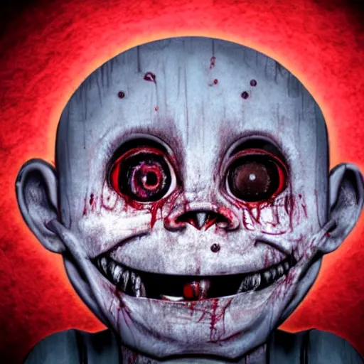 Prompt: eerie rotting little animatronic staring at camera, bloody, creepy smile, colored sketch, demented
