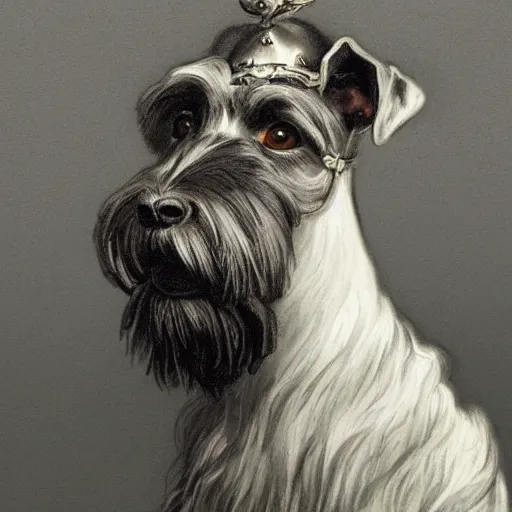 Image similar to portrait of stoic looking miniature schnauzer, military uniform, black fir, white eyebrows, fantasy, intricate, elegant, highly detailed, centered, dark, smokey, charcoal painting, digital painting, artstation, concept art, smooth, sharp focus, illustration, art by alphonse mucha