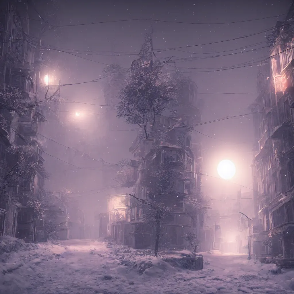 Image similar to a snowy street, red moon, unreal engine, global illumination, smoke, detailed and intricate environment, mysterious, in the style of aetherpunk