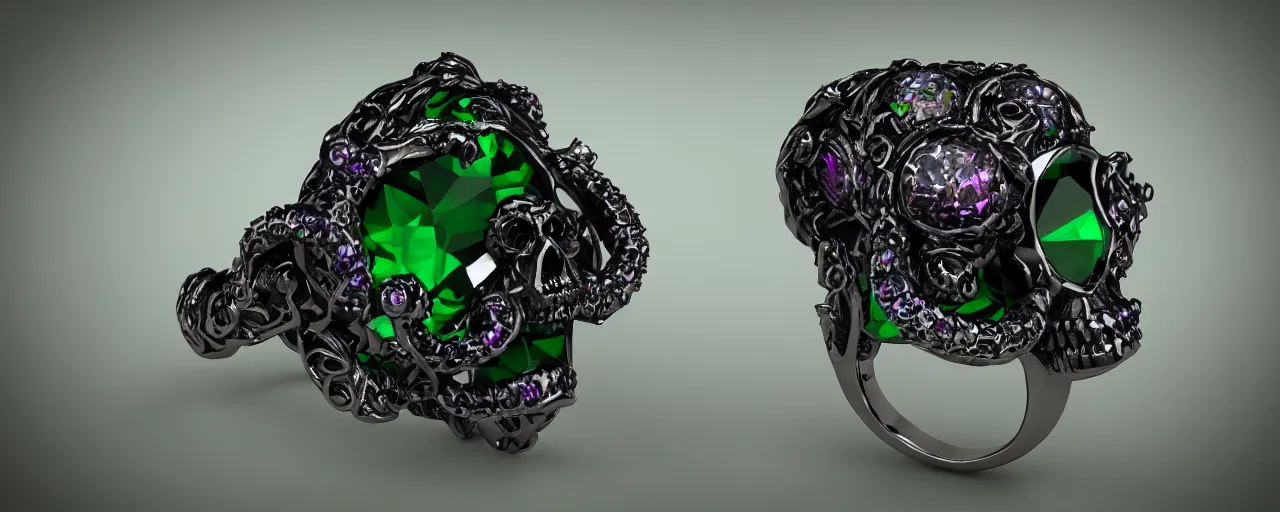 Prompt: simple magic crystal ring of poison, radiant cut, skull, skulls, tentacles, green, black, purple. smooth shank, crystal, engravings, diamonds, product design, jewelry, gold, silver, colorful, art by gerald brom, greg rutkowski and artgerm, photo realism, unreal engine, c 4 d