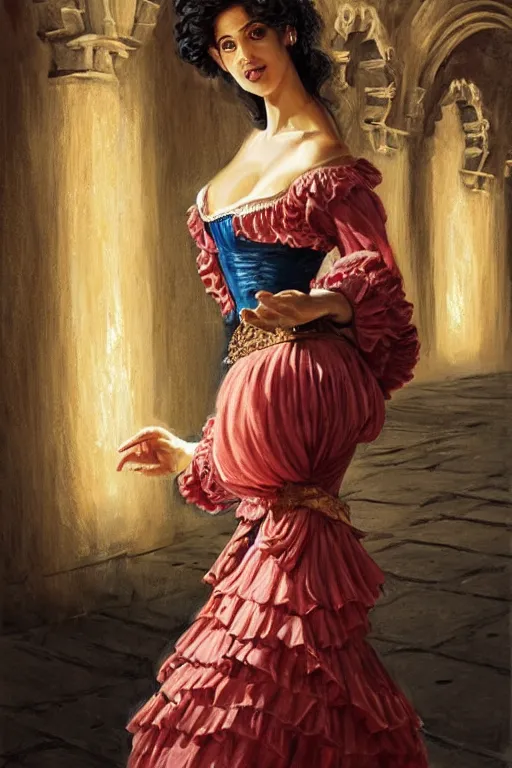 Prompt: rosalia vila i tobella, the singer rosalia, highly detailed, spanish princess, flamenco dancer, highly detailed, digital painting, night scene, 1 8 th century barcelona courtyard, trending on artstation, concept art, sharp focus, illustration, art by artgerm and greg rutkowski and magali villeneuve