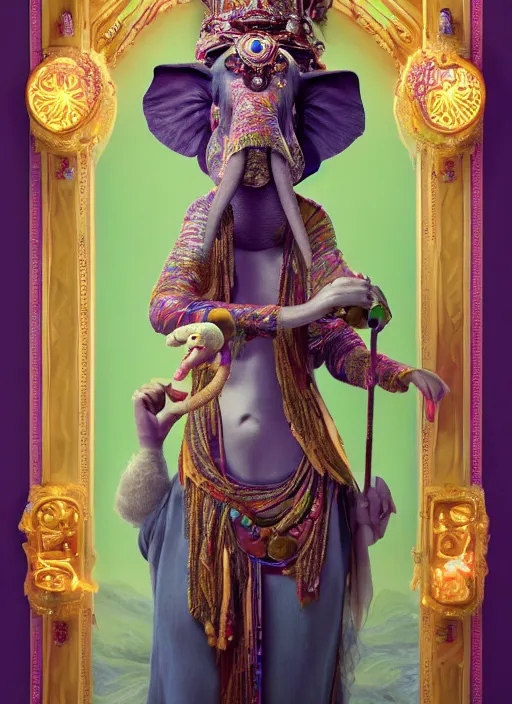 Image similar to an anthropomorphic beautiful goddess female wizard made of elephant portrait holding a staff wearing colourful robe, fine art, award winning, intricate, elegant, sharp focus, octane render, hyperrealistic, cinematic lighting, highly detailed, digital painting, 8 k concept art, art by jamie hewlett and z. w. gu, masterpiece, trending on artstation, 8 k