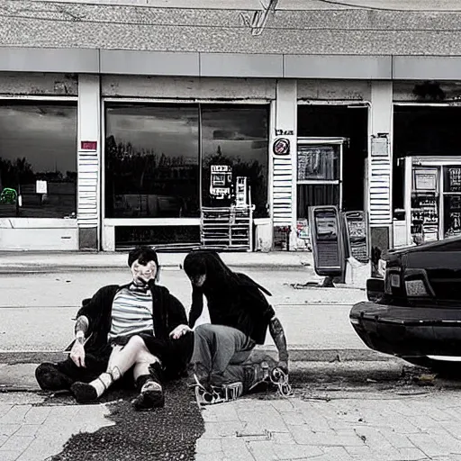 Image similar to “ group of goth punks smoking cigarettes sitting on car at an abandoned 7 - eleven convenience store, apocalyptic, photorealism, detailed ”