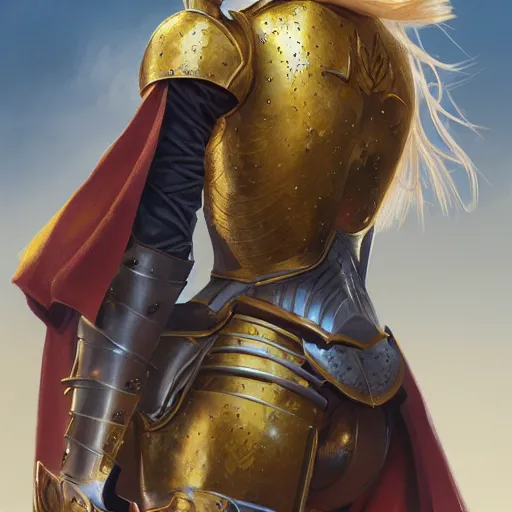 Image similar to Portrait of a young lady knight with blond hair wearing a golden armor with a sun symbol, fantasy, highly detailed, digital painting, artstation, concept art, illustration, art by Bayard Wu and Marc Simonetti