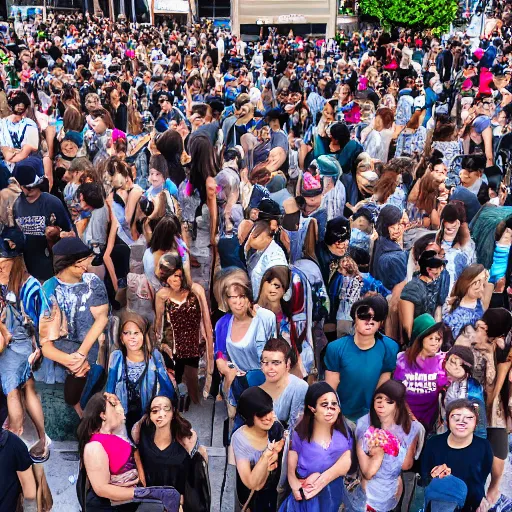 Image similar to zoomed out view of a crowd standing in line that goes on forever, modelsociety, radiant skin, huge anime eyes, rtx on, perfect face, directed gaze, sony a 7 r iv, symmetric balance, polarizing filter, photolab, lightroom, 4 k, dolby vision, photography award