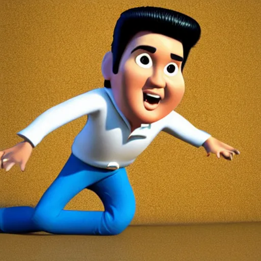 Image similar to elvis presley with pretzel legs, pixar character, 3 d, stage background