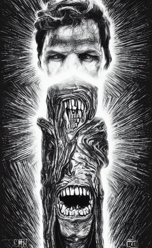 Image similar to lovecraftian portrait of jerma, surrounded by beams of light dark background by wayne barlow, stanley donwood, anton semenov, zdzislaw bekinski, hr giger, 8 k, fantasy, dark, highly detailed