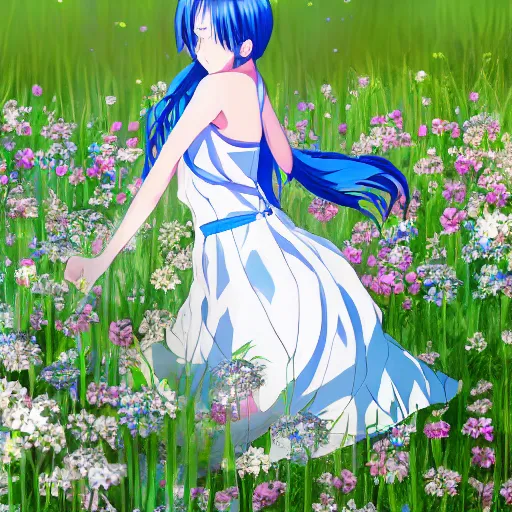 Image similar to Anime girl with cobalt blue hair and a side bun wearing a white sun dress in a scenic field of flowers, trending on pixiv, very very beautiful, 4k
