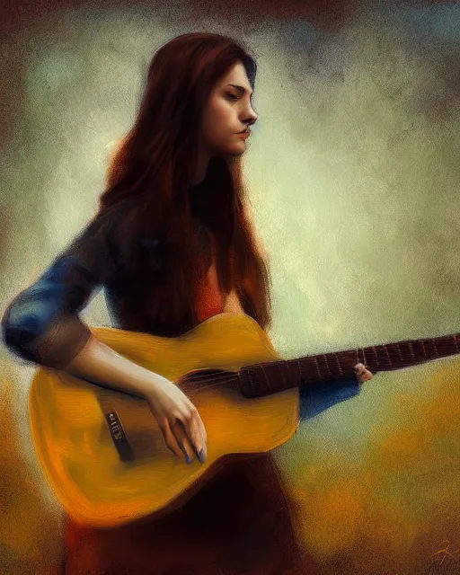 Image similar to a painting of a young country woman playing a guitar in the texas hill - country, in the style of casey baugh, digital art