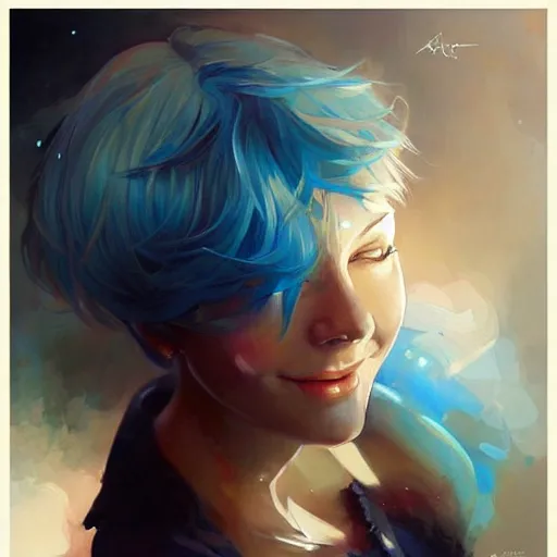 Prompt: a beautiful painting of a smiling woman with stylish short blue hair and sparkling blue eyes representative of the art style of artgerm and wlop and peter mohrbacher, portrait