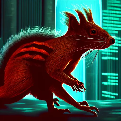 Prompt: a highly detailed long shot photo, cyberpunk giant rabid squirrel, intricate, digital painting, artstation, intricate, concept art, smooth, sharp focus