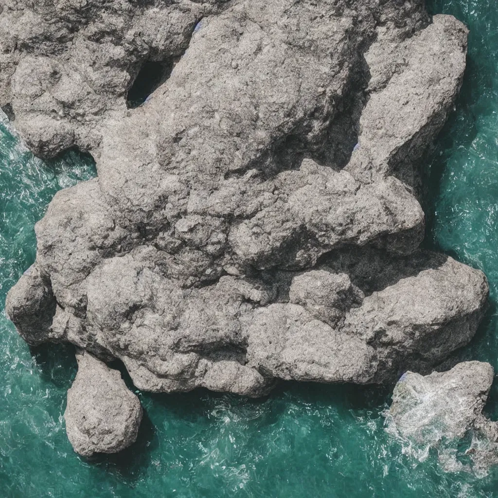 Prompt: a giant rock that looks like a cat, the rock is in the sea, professional photo