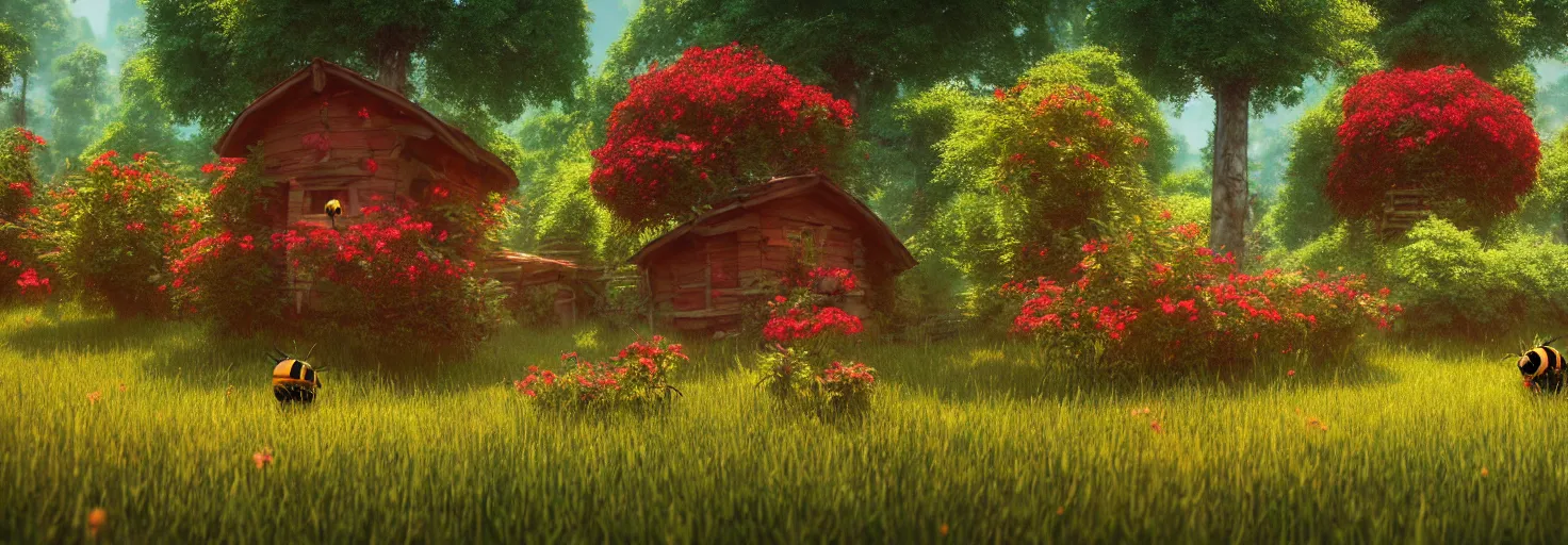 Prompt: crimson - black beehive, large bee hive, in a beautiful forest meadow village landscape, flowers, happy trees, photorealistic, octane render, rtx, hdr, unreal engine, digital art widescreen 8 k, studio ghibli, bob ross, pixar, bee movie, disney