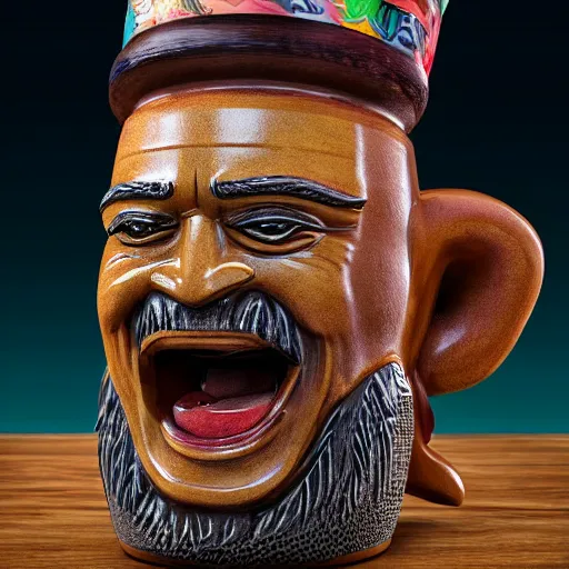 Image similar to a photorealistic photograph of a Trader Vic's tiki mug featuring joyful Johnny Depp at a Tiki bar - Trending on Artstation, featured on Behance, well-rendered, Unreal Engine, 4K HD