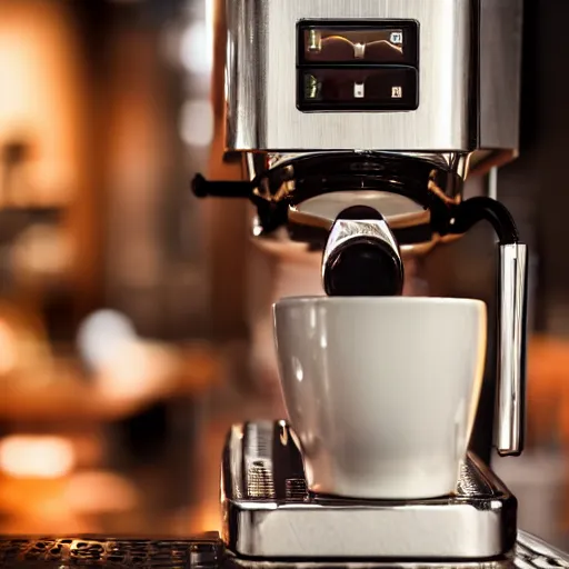 Prompt: close up realistic detailed photo of an expensive coffee machine in a cozy coffee shop, hdr, depth of field, chrome, reflections, volumetric lighting