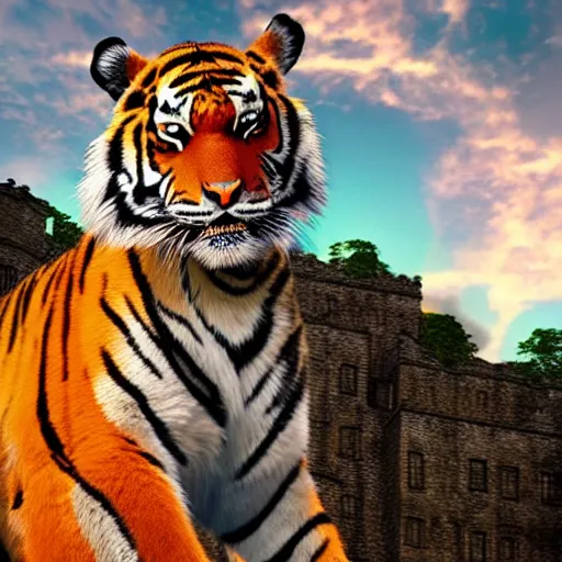 Prompt: tiger, tiger, tiger of fire in the sky accurate anatomy, over a medieval castle, dark postapocaliptic scenery, massive architecture, realistic, precise, sharp, high quality, ultrarrealistic, octane render, unreal engine, povray, raytracing, volumetric light, hdr