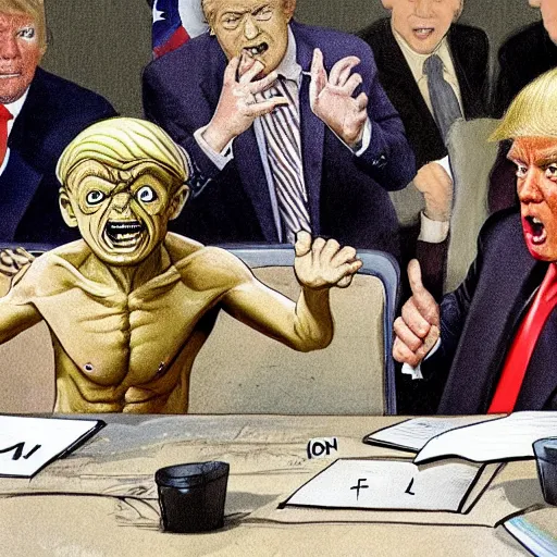 Image similar to Donald Trump as Gollum in a political meeting