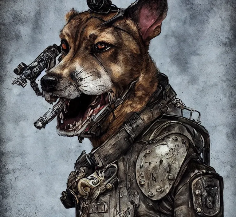 Image similar to a good ol'hound dog fursona ( from the furry fandom ), heavily armed and armored facing down armageddon in a dark and gritty version from the makers of mad max : fury road. witness me.