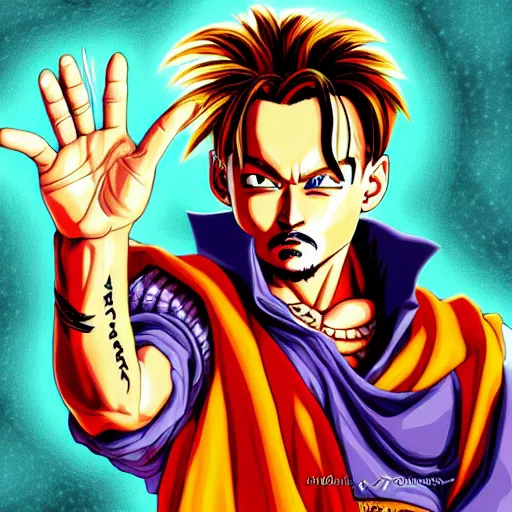 Image similar to portrait painting of johnny depp, art by akira toriyama, 4 k, dragon ball artstyle, cel shaded, highly detailed, epic lighting