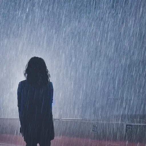 Image similar to distant view of person with shifting shades of dark blue hair standing in a downpour, wet hair, midnight, starry sky, bus station, 4 k resolution, inspired by studio ghibli