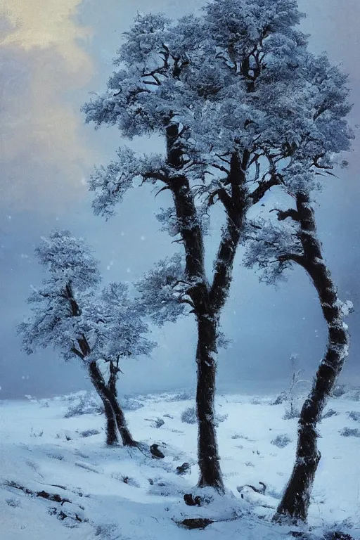 Prompt: julius sergius klever, winter landscape rocks trees snow, epic beautiful, night color.