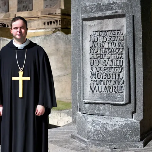 Prompt: a young priest standing beside a very old, dirty mausoleum that contains a marble bust of a man inside