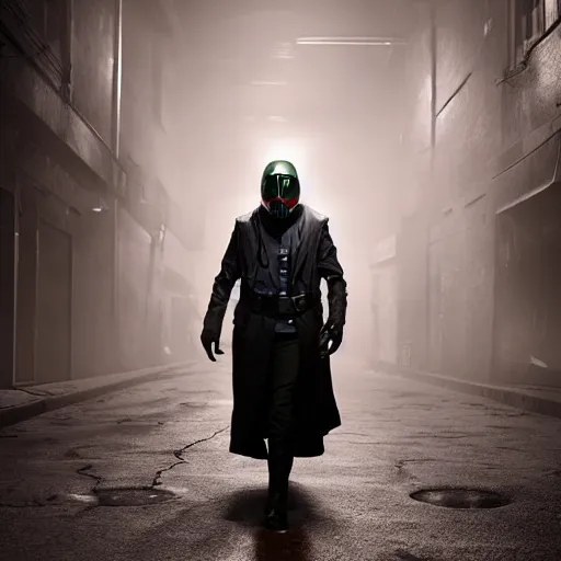 Prompt: hooden villain wearing a kamen rider gas mask, red eyes, smoke coming out of his body and coat, dark background, in a dark alley, unreal engine 5, ultra realistic, detailed, fog, volumetric lighting, by greg rutkowski,