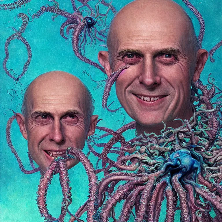 Image similar to Hyperrealistic intensely colored close up studio Photograph portrait of deep sea bioluminescent Senator Rick Scott, symmetrical face realistic proportions eye contact tentacles, Grinning in a coral reef underwater, award-winning portrait oil painting by Norman Rockwell and Zdzisław Beksiński vivid colors high contrast hyperrealism 8k