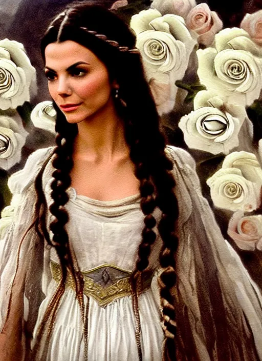 Prompt: film still from an Italian historical Western film of a Victoria Justice as the goddess of white roses . ultra detailed painting at 16K resolution and amazingly epic visuals. epically beautiful image. amazing effect, image looks gorgeously crisp as far as it's visual fidelity goes, absolutely outstanding. vivid clarity. ultra. iridescent. mind-breaking. mega-beautiful pencil shadowing. beautiful face. Ultra High Definition. godly shading. amazingly crisp sharpness. photorealistic film cel processed twice..