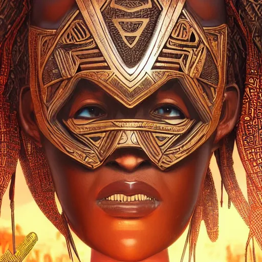 Image similar to african tribal mask in wakandan style cyberpunk, ultra realistic, concept art, intricate details, eerie, horror, highly detailed, photorealistic, octane render, 8 k, unreal engine. art by artgerm and greg rutkowski and alphonse mucha