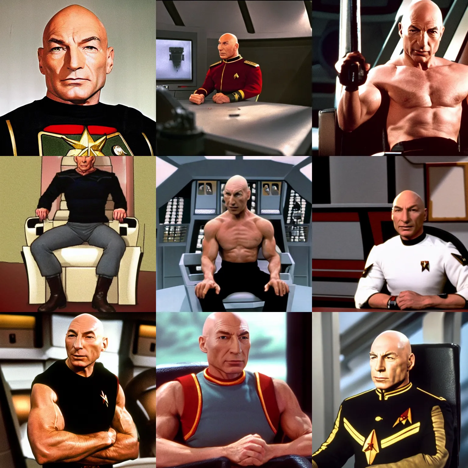 Prompt: strong muscled jean - luc picard sitting on the captains chair screaming orders
