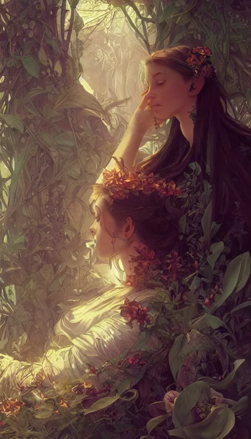 Image similar to fairytale, fibonacci, sweat drops, insane, intricate, highly detailed, digital painting, artstation, concept art, smooth, sharp focus, illustration, Unreal Engine 5, 8K, art by artgerm and greg rutkowski and alphonse mucha