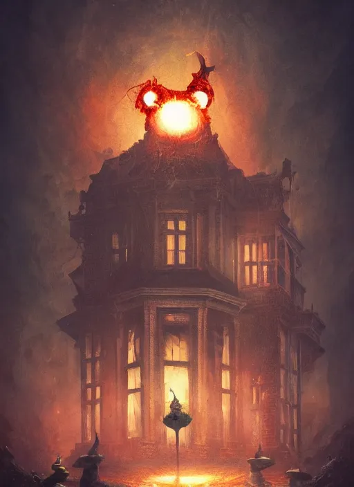 Image similar to shubniggurath destroying a glowing mansion in burning vapor dramatic lighting, artstation, matte painting, alexander jansson, allen williams, anja millen