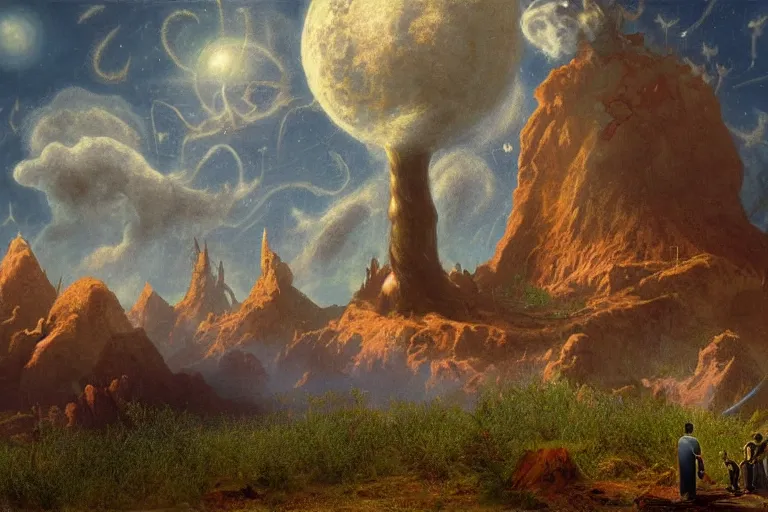 Image similar to miskatonic university big bang landscape in the style of dr. seuss,'run the jewels ', painting by albert bierstadt