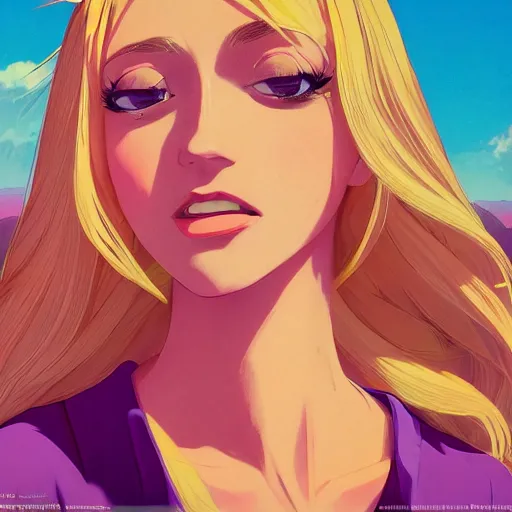 Image similar to portrait of a beautiful girl with blonde hair dressed in 1960's hippie fashion, park background, rich vivid colors, ambient lighting, dynamic lighting, 4k, HQ, official media, anime key visual, makoto shinkai, ilya kuvshinov, lois van baarle, rossdraws, detailed, trending on artstation