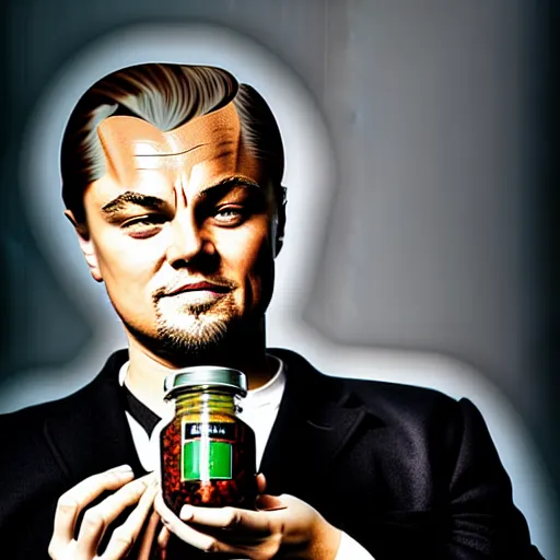 Image similar to detailed studio portrait of leonardo dicaprio holding tiny jar of tincture. watching ar camera. studio light, polished look, solid background, ad, fashion photography, by pierpaolo ferrari and maurizio cattelan, 3 5 mm photograph, david lachapelle, canon eos c 3 0 0, 8 k