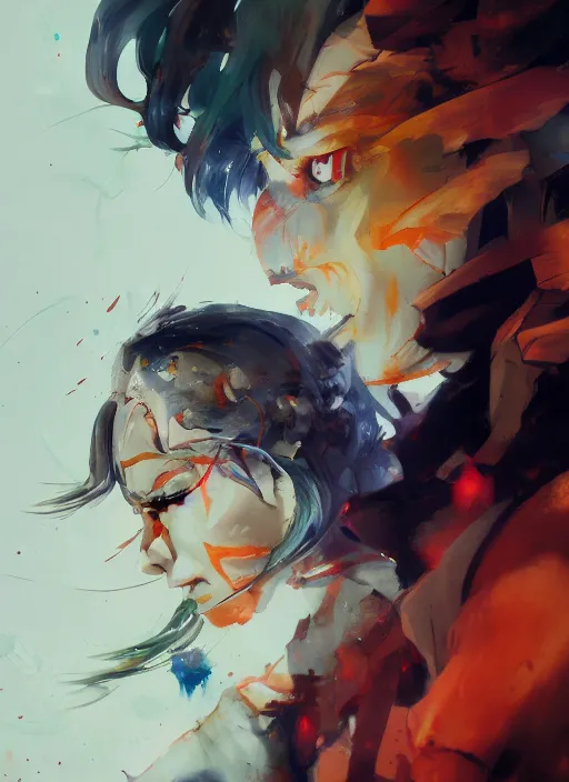 Prompt: surreal gouache gesture painting, by yoshitaka amano, by ruan jia, by Conrad roset, by good smile company, detailed anime 3d render goku, portrait, cgsociety, artstation, rococo mechanical, Digital reality, dieselpunk atmosphere, gesture drawn