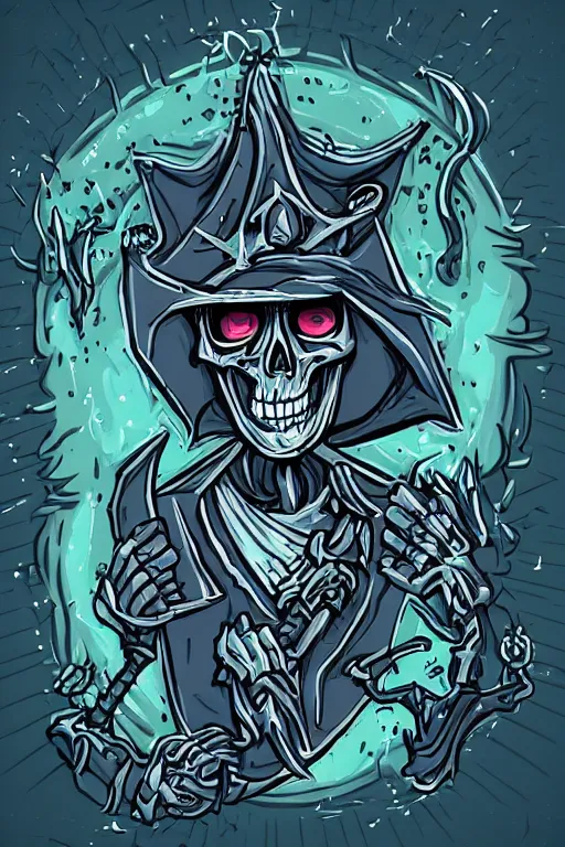Image similar to Portrait of a evil skeleton that is a wizard casting a spell , wizard, medieval, sticker, colorful, casting epic spell, magic the gathering artwork, D&D, fantasy, artstation, heroic pose, illustration, highly detailed, simple, smooth and clean vector curves, no jagged lines, vector art, smooth