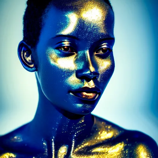 Prompt: portrait of metallic face, african woman, mercury, reflections, smooth texture, liquid metal, proud looking, outdoor, nature, blue sky, 8 k, realistic, depth of field, highly detailed, art photography
