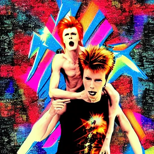 Prompt: david bowie getting a piggy back ride from ziggy stardust, digital art, glam rock. pop art background.